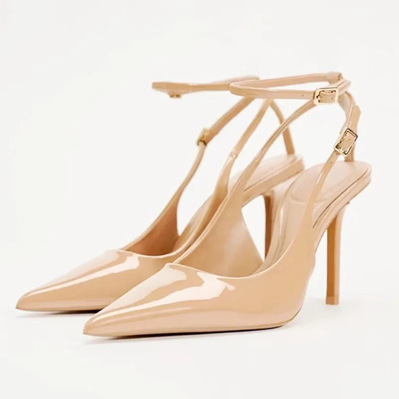Sexy Nude Patent Leather Ankle Strap Buckle Women Pumps Pointed Toe Stiletto Heels Sandal For Party 6