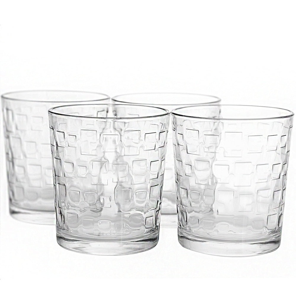 Premium 4 Piece Glass Set Old Fashioned Tumblers With Embossed Design Perfect For Cocktails Whiskey 4