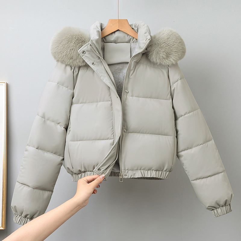 Women's Short Winter Parka, with Removable Fur Collar Hood, Thick Velvet Cotton Padding, Warm Jacket Outerwear Coat
