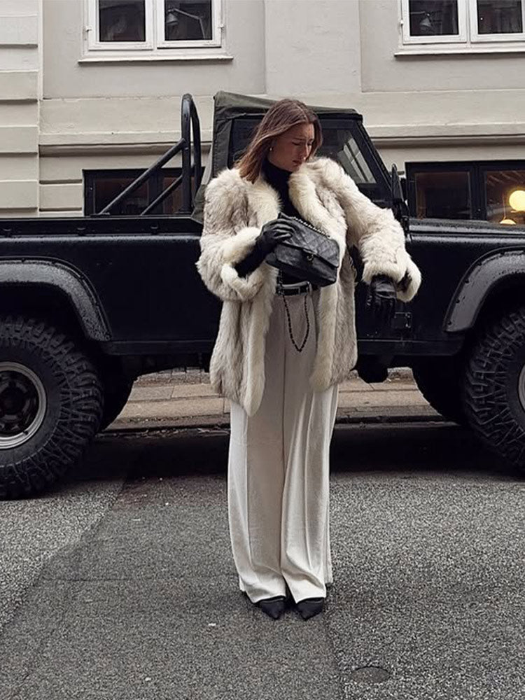 Retro Loose Women's Faux Fur Coat, Elegant Thicken Plush Pad Shoulder Open Coat, Classic Chic Winter Street Outwear