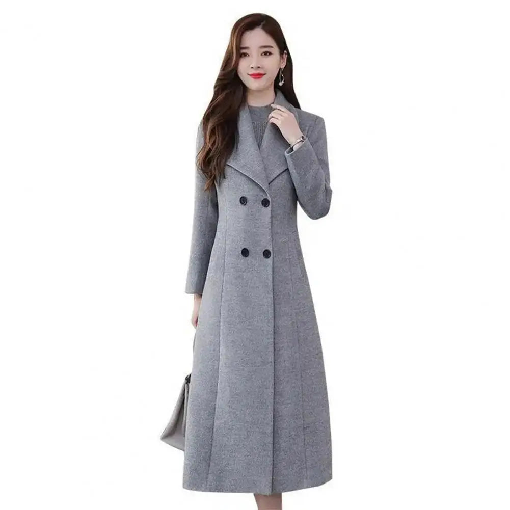 Elegant British Style Women Woolen Coat Double Breasted Waist Tight Suit Collar Long Cardigan Mid C 6