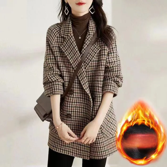 Womens Thousand Birds Plaid Woolen Jacket Autumn Winter New Style Fleece Lined Medium Length Overco