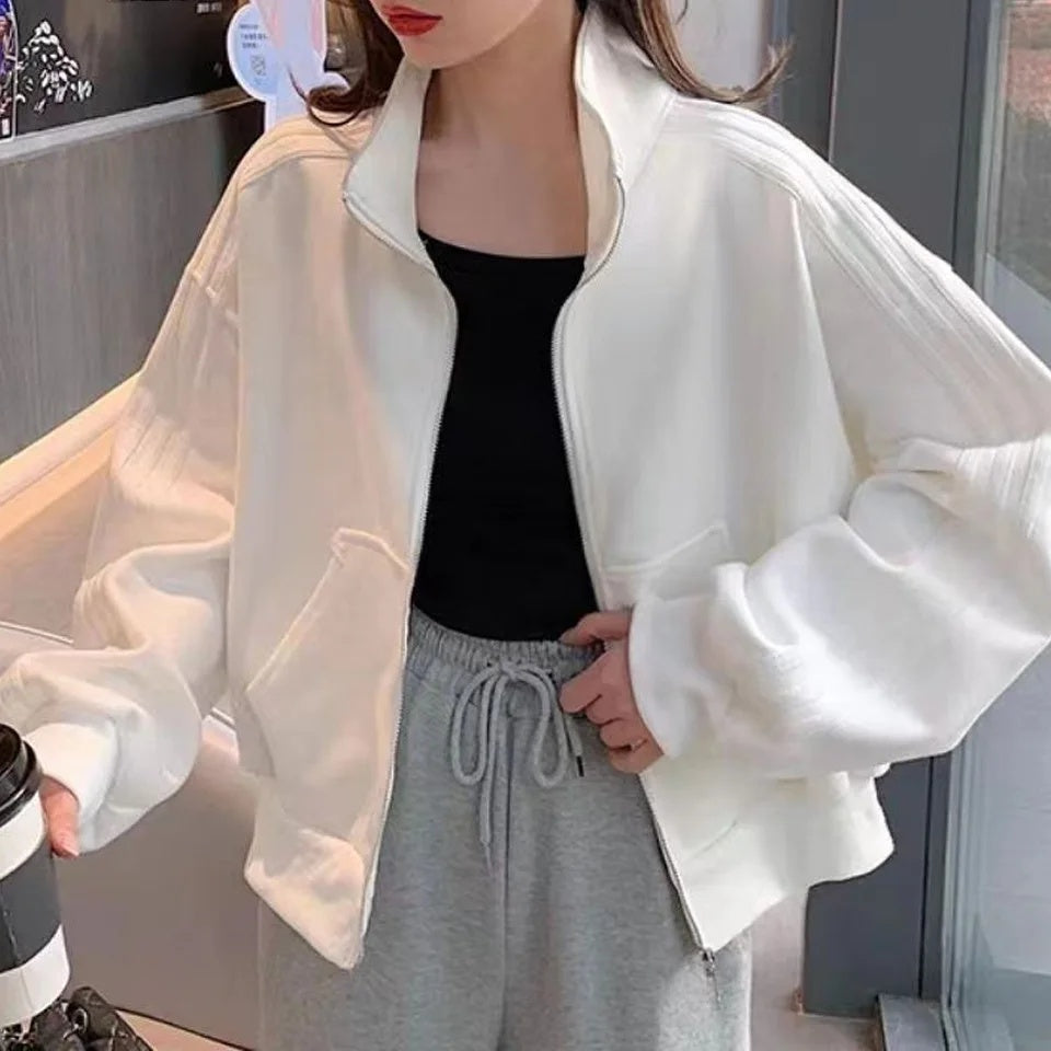 Women's Short Sweatshirt Jacket, Versatile Loose Fit Casual Style, Three Stripe Autumn Winter Jacket