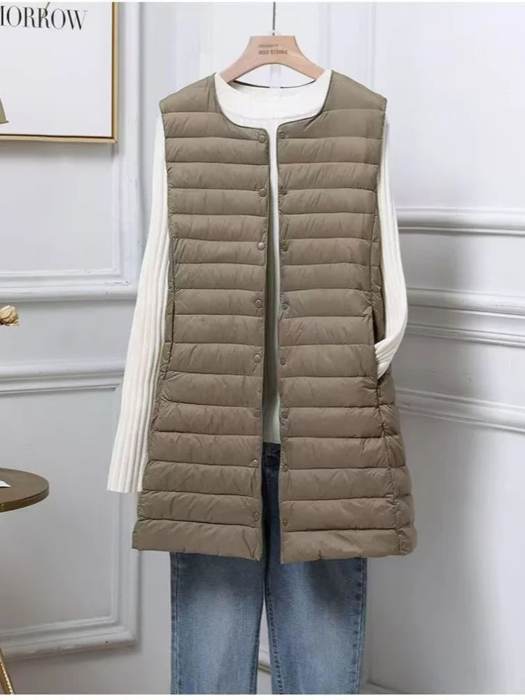 Women's Mid Length Down Vest, All Match Fashion Slim Fit, Round Neck V Neck Design, Autumn Winter Wear