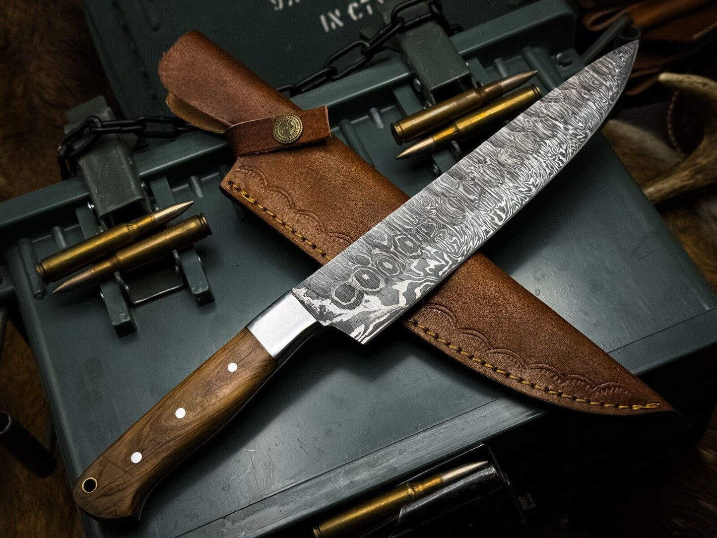 Handmade Damascus Steel Chef Knife With Wood Handle Cow Leather Sheath 3