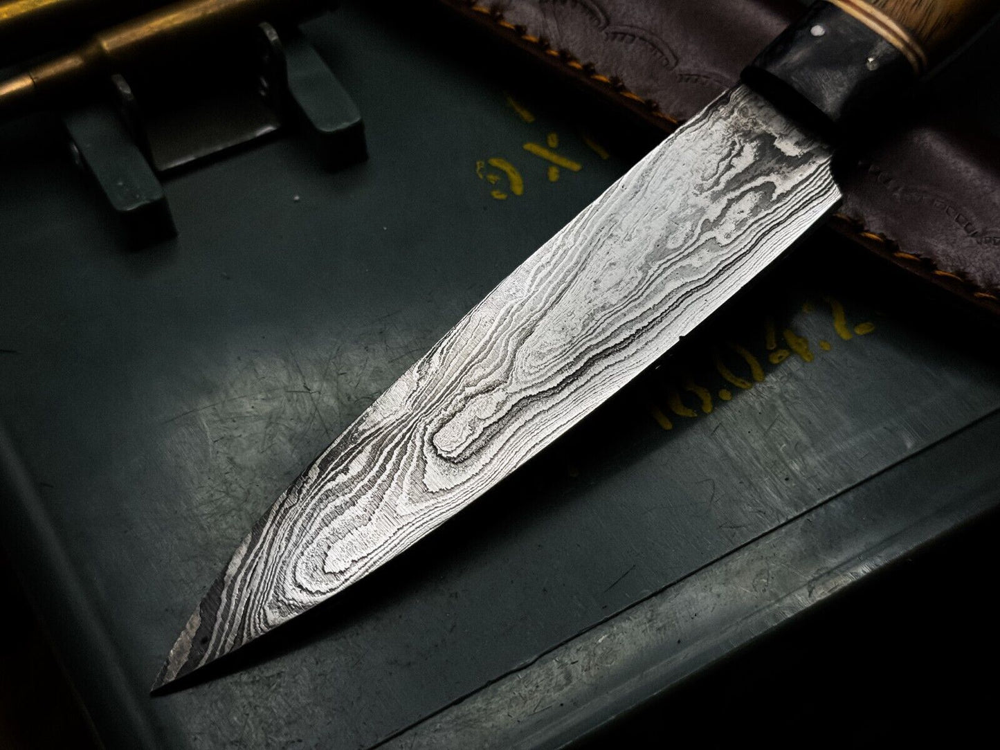 Custom Handmade Damascus Chef Knife With Wood Handle Cow Leather Case 3