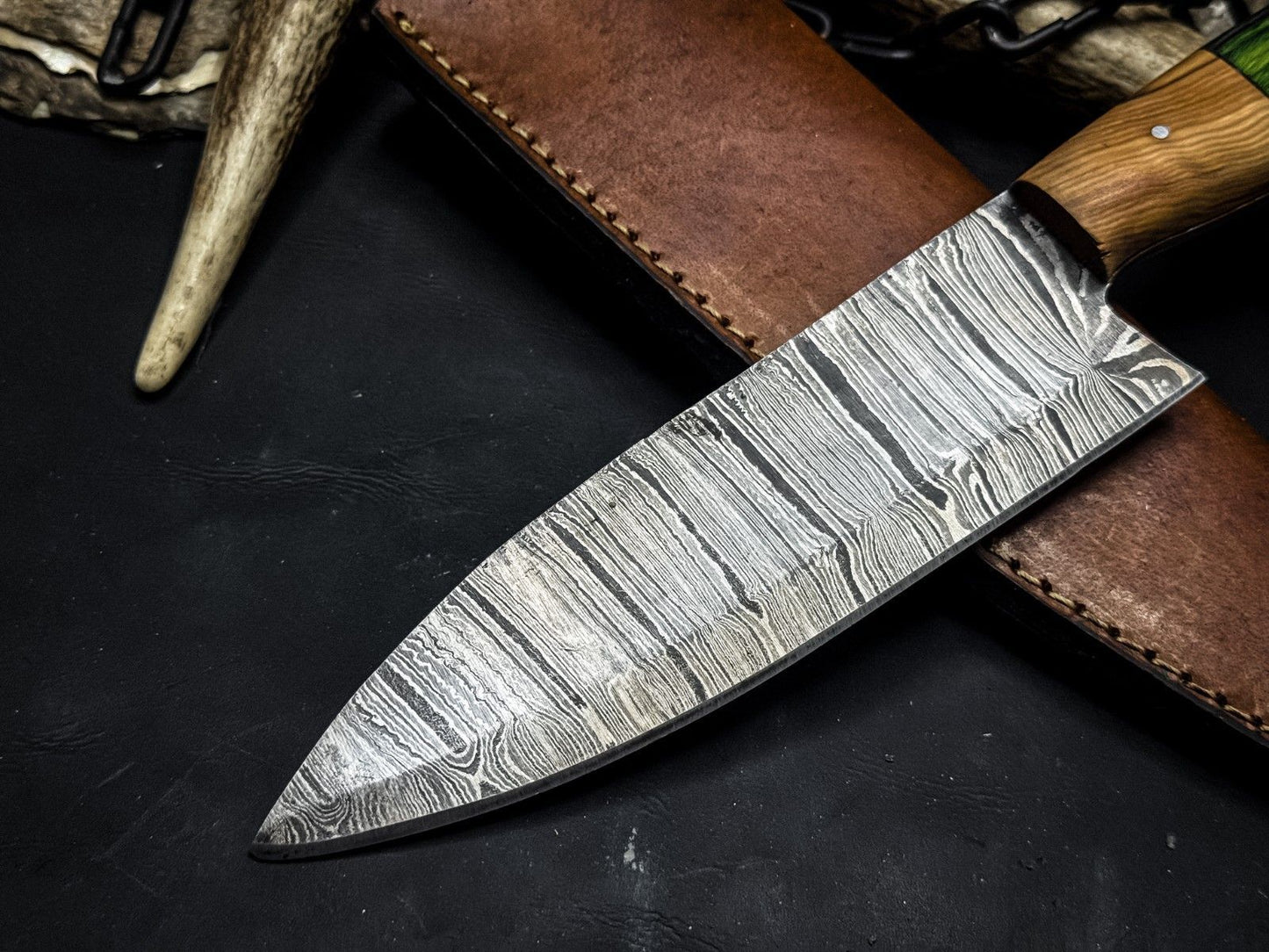 HandForged Damascus Chef Knife With Wooden Handle Original Leather Sheath 3