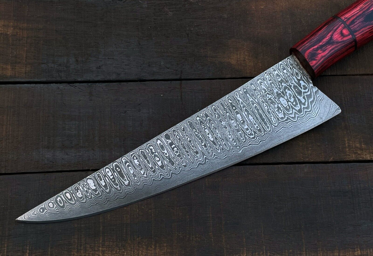 Custom Damascus Steel Chef Knife With Hardwood Handle Leather Sheath 3
