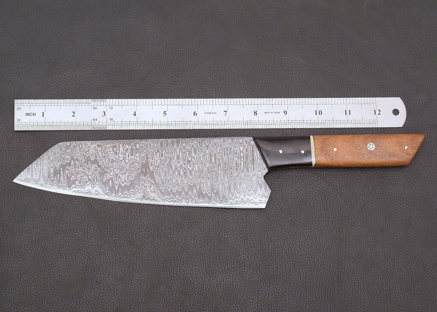 Elegant Handmade Damascus Kitchen Knife With Wood Handle Leather Case 2