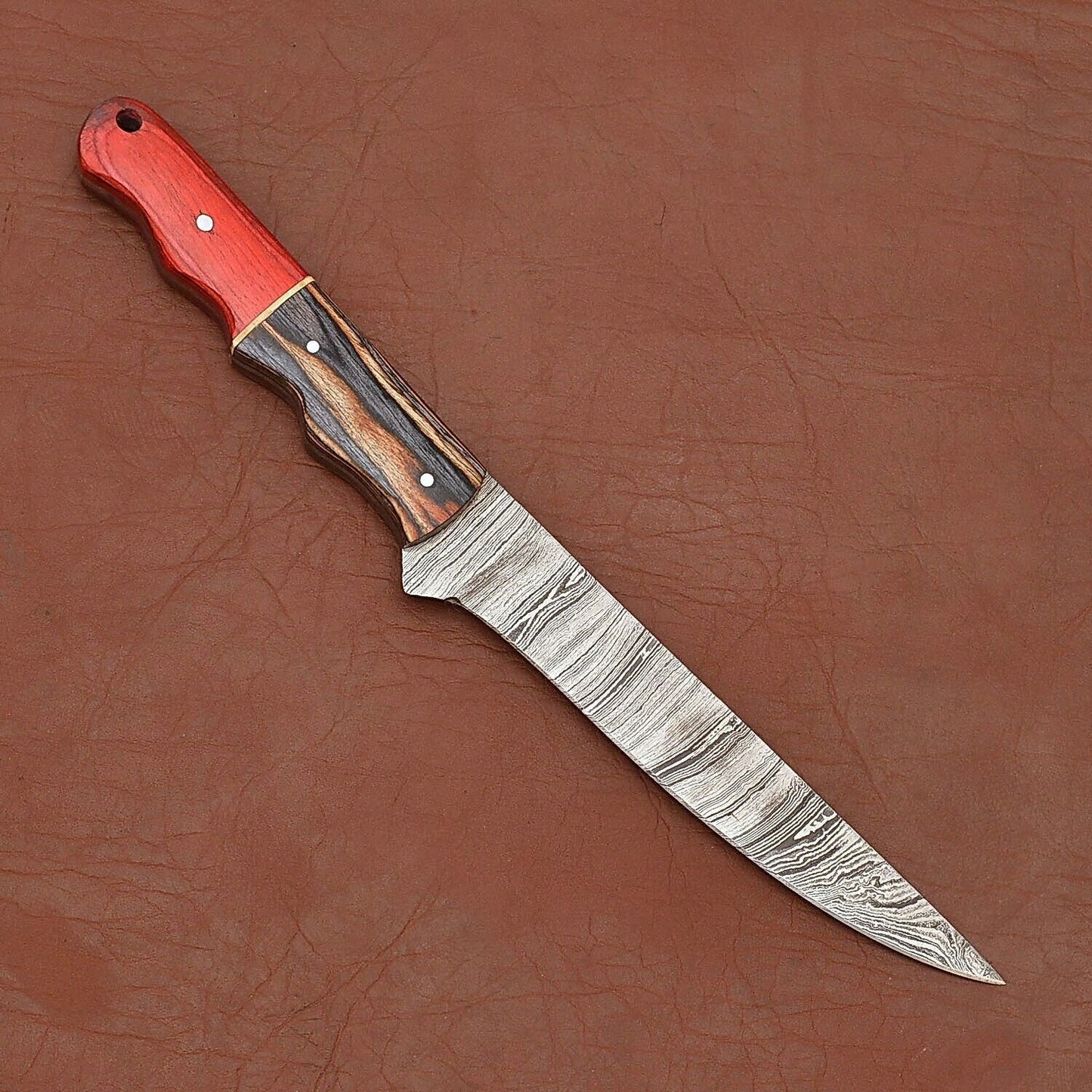 Premium Handmade Damascus Chef Knife With Natural Wood Handle Leather Case 3
