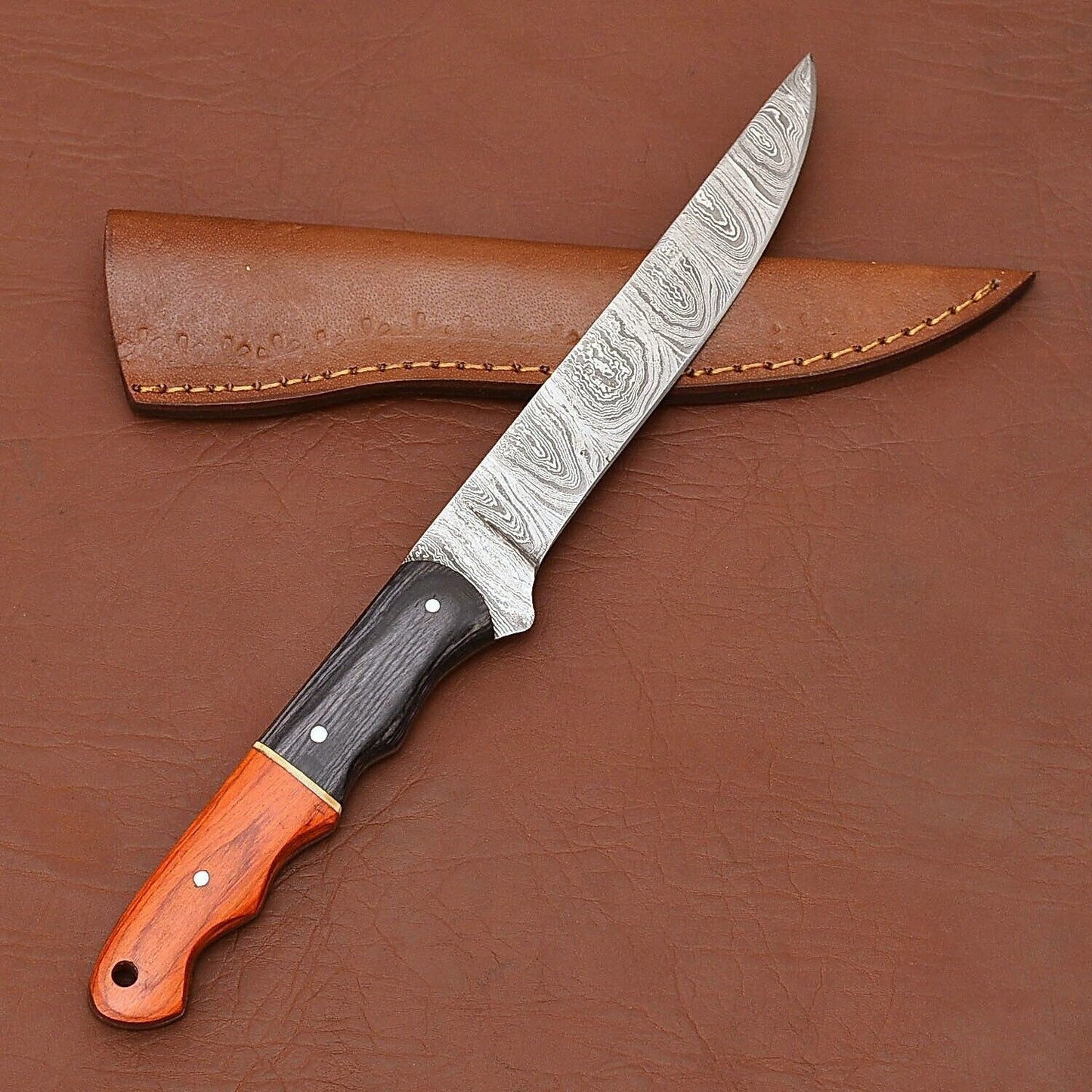 Artisan Damascus Steel Hunting Knife Polished Wood Handle Sheath 3