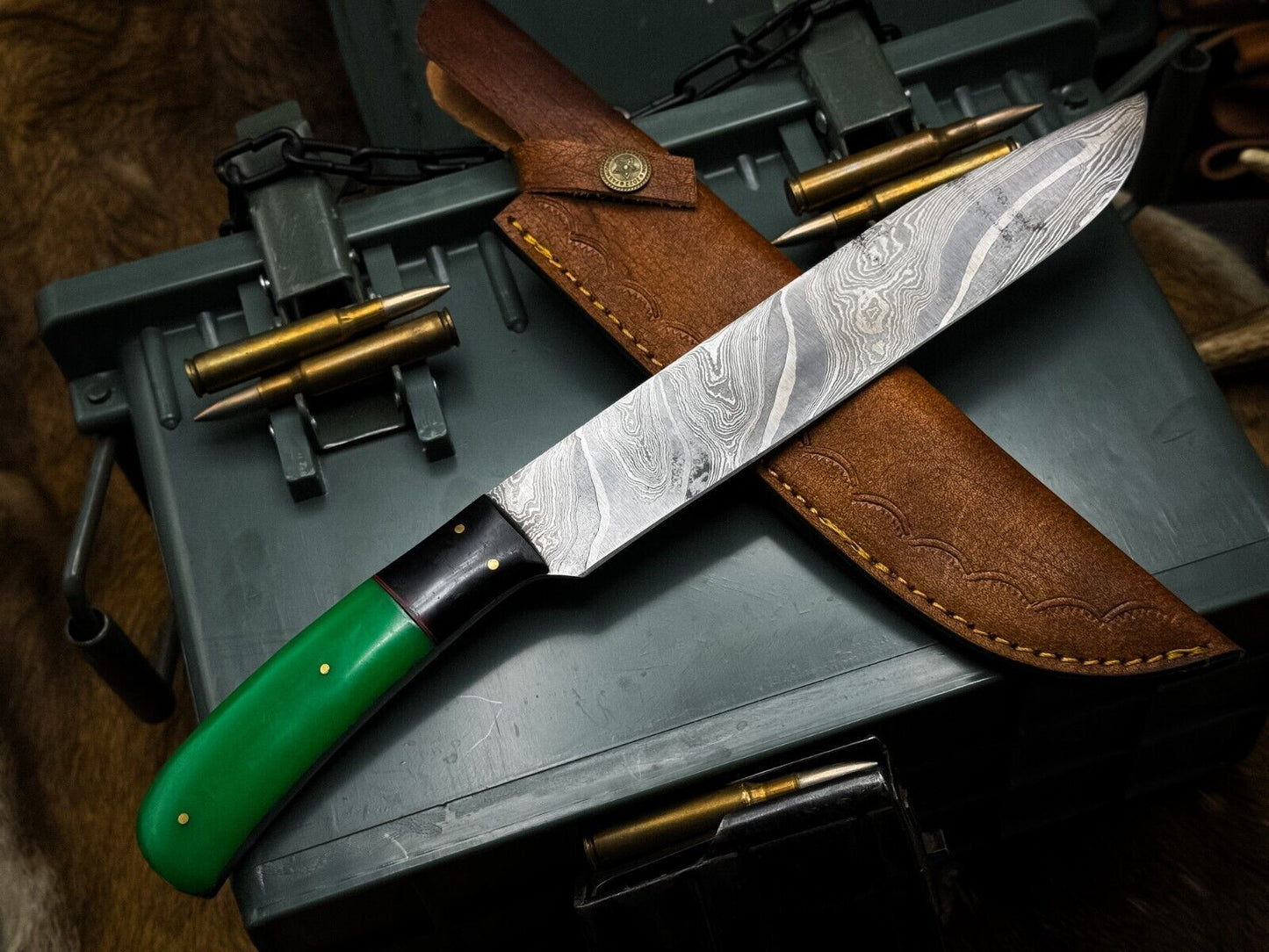Artisan Damascus Steel Chef Knife Resin Handle Cowhide Leather Case 3