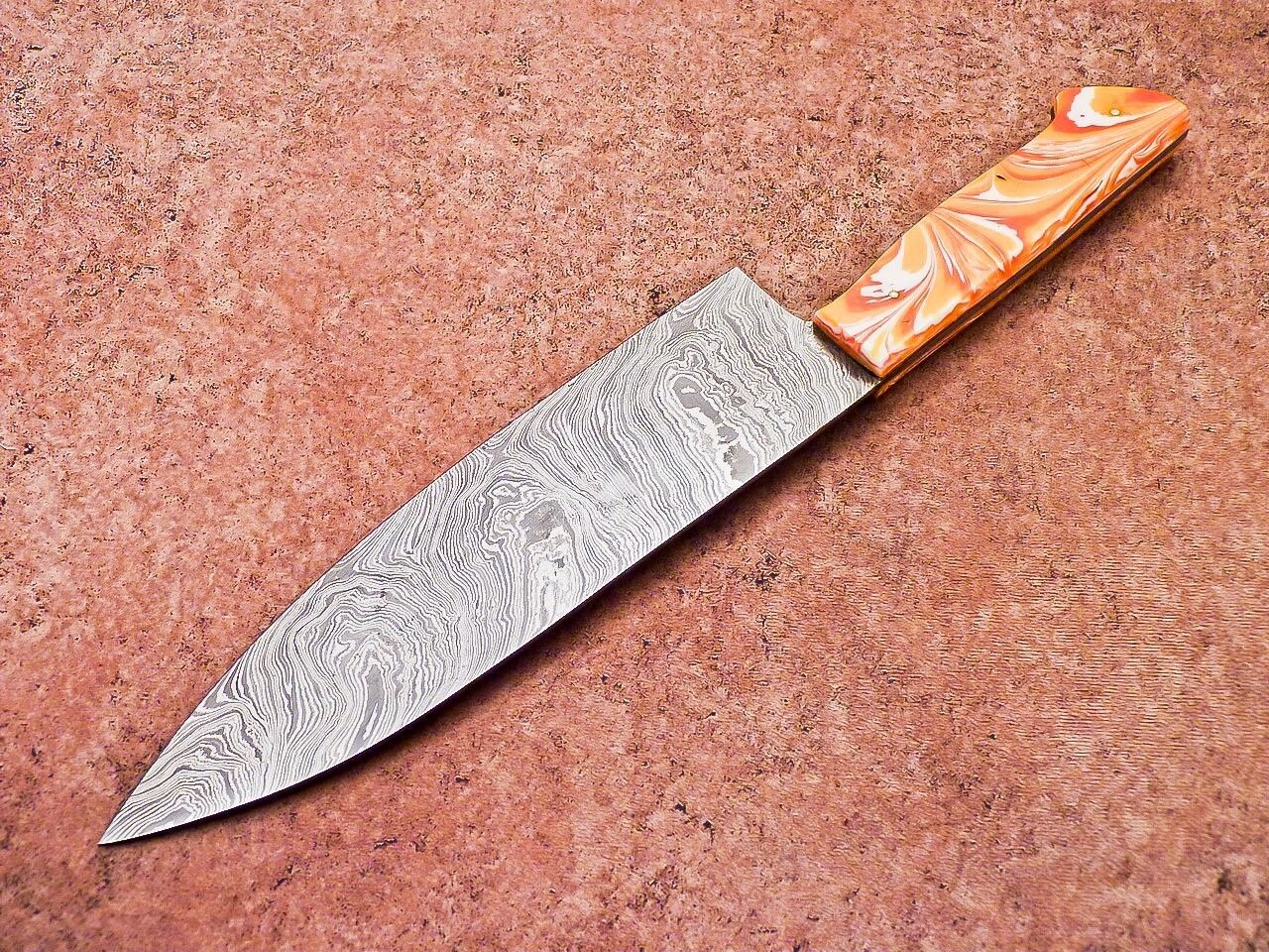 Premium Damascus Steel Knife Resin Handle HandStitched Leather Sheath 3