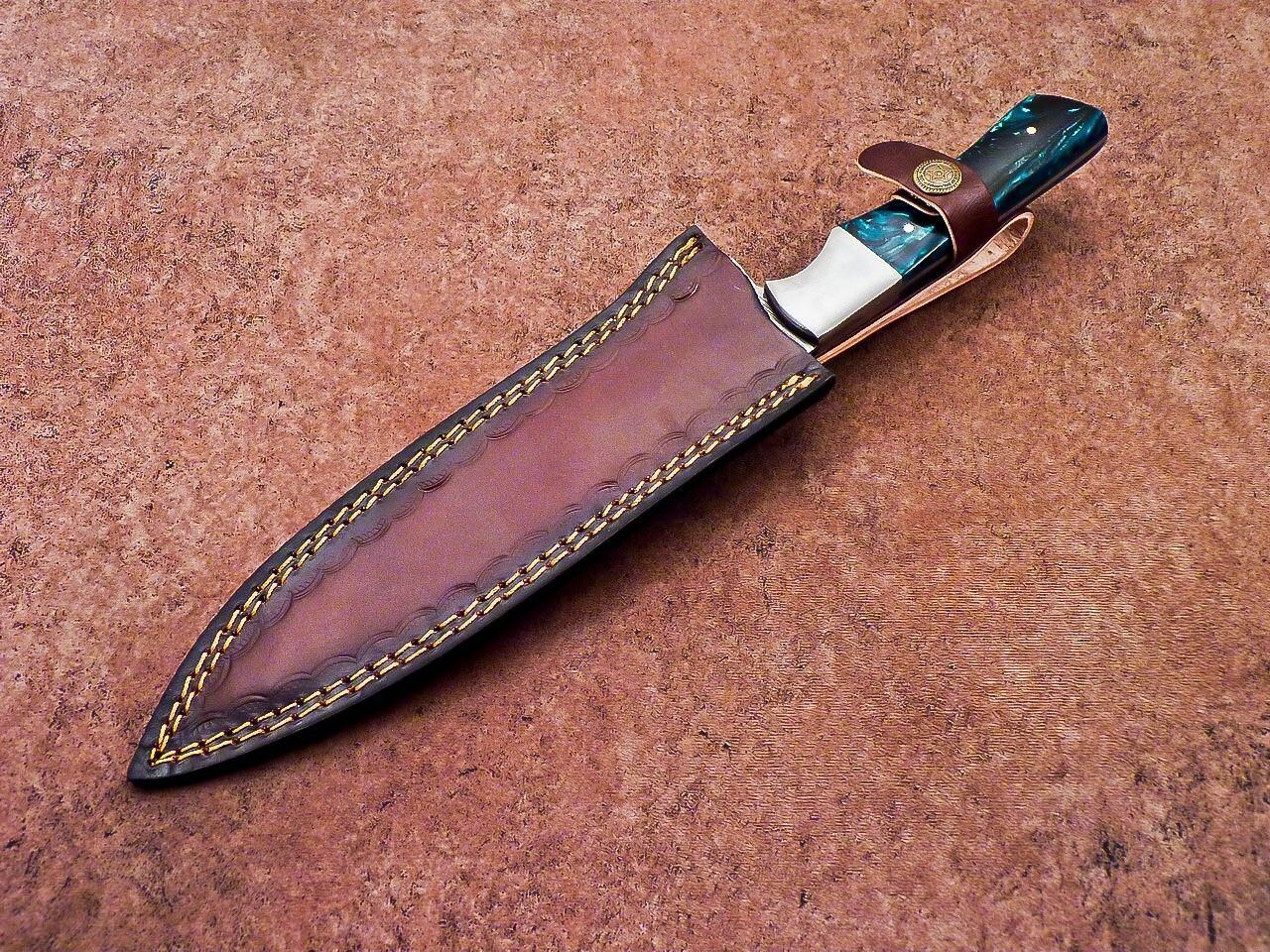 Damascus Steel Outdoor Knife Resin Handle Leather Sheath Included 4