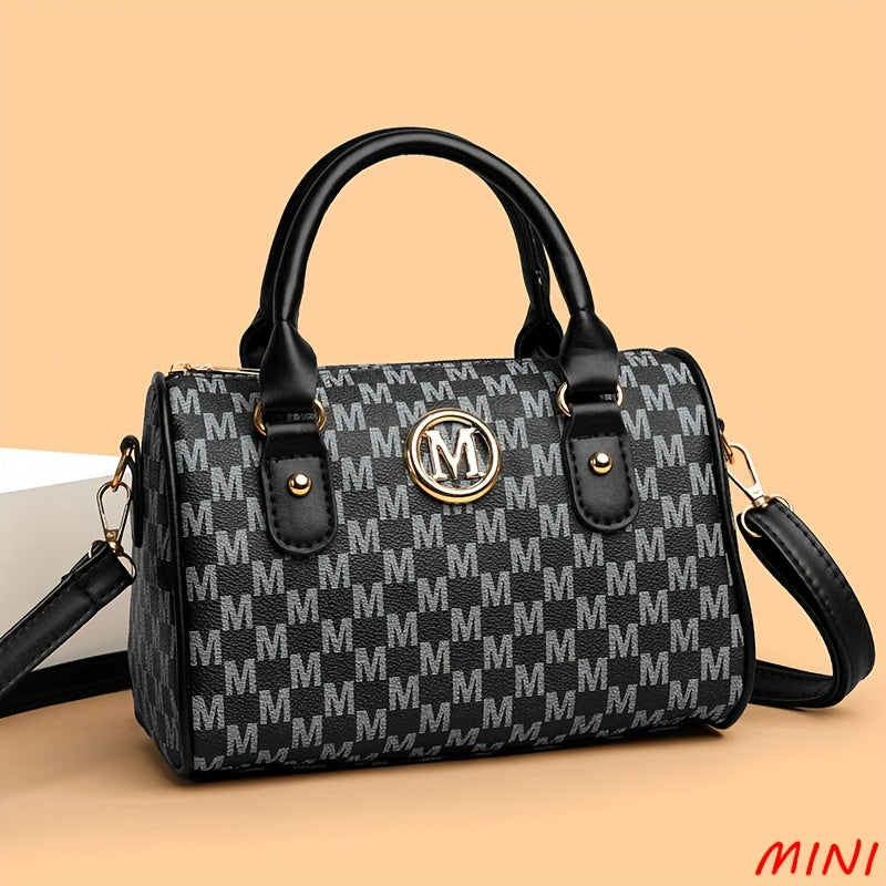Faux Leather Small Crossbody Bag, Women Alphabet Shoulder Bag, Golden M Logo, for Work, Travel, Parties, Gift