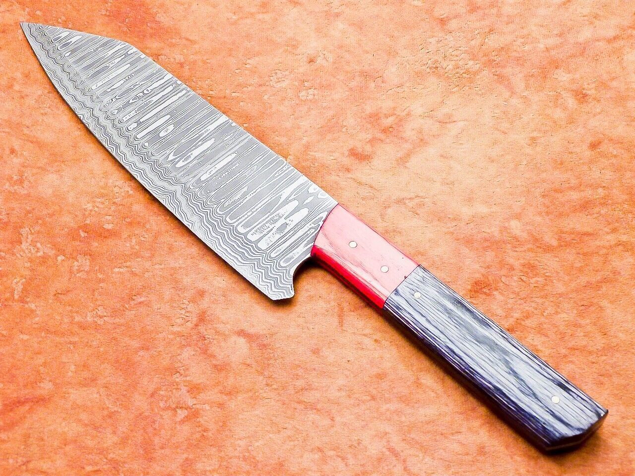 Custom Damascus Culinary Knife Wooden Grip Chef Knife With Leather Sheath 5