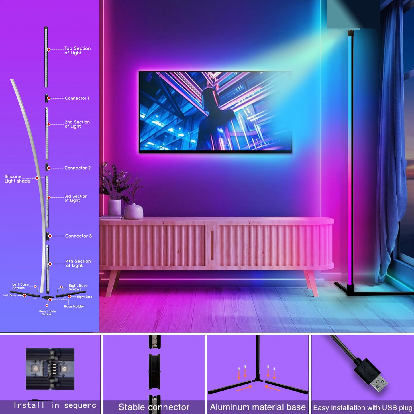 Modern RGB Floor Lamp, Color Changing, Music Sync Mode, Standing Mood Light for Bedroom, Living Room