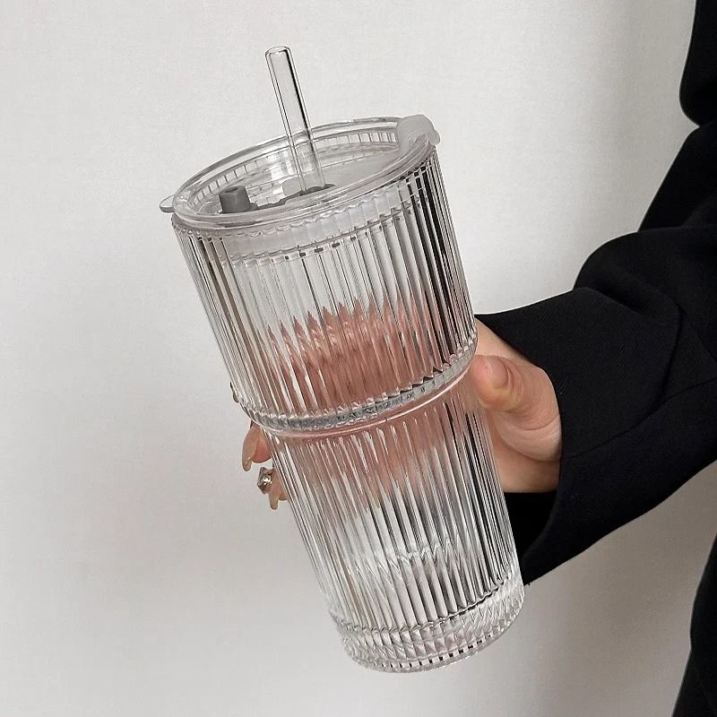 Large Stripe Glass Coffee Cup With Lid And Straw 6