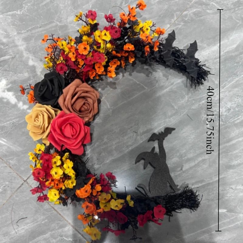 Gothic Halloween Wreath With Roses And Witch Cat Silhouette 7
