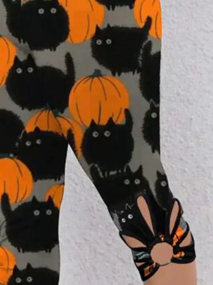 New Womens Fashion Capri Leggings High Rise Allover Cat And Pumpkin Print Cut Out Design 3