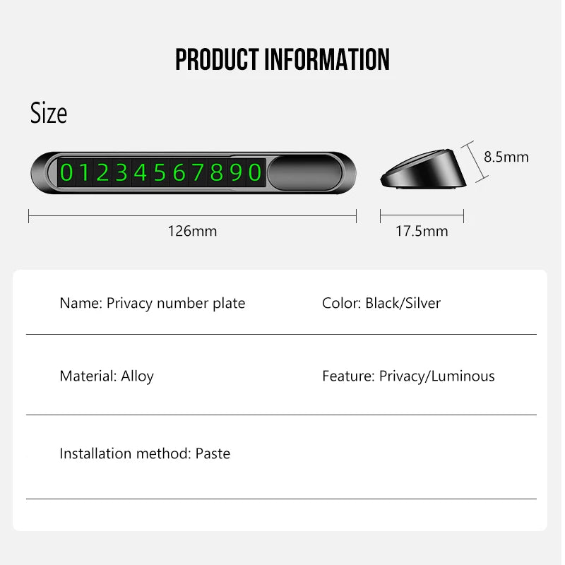 Temporary Parking Card Plate For Cars Metal Alloy Hidden Phone Number Card Auto Styling Accessory 7