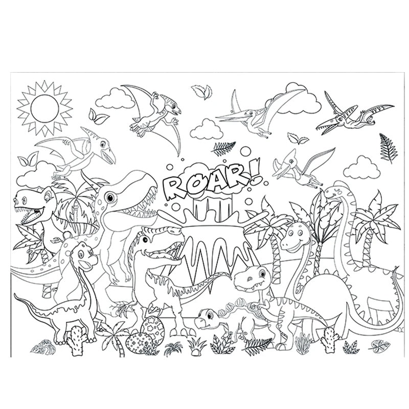 Dinosaur World Coloring Tablecloth, Large Kids Activity Mat, Birthday Party Supplies, Creative Gift and Favor