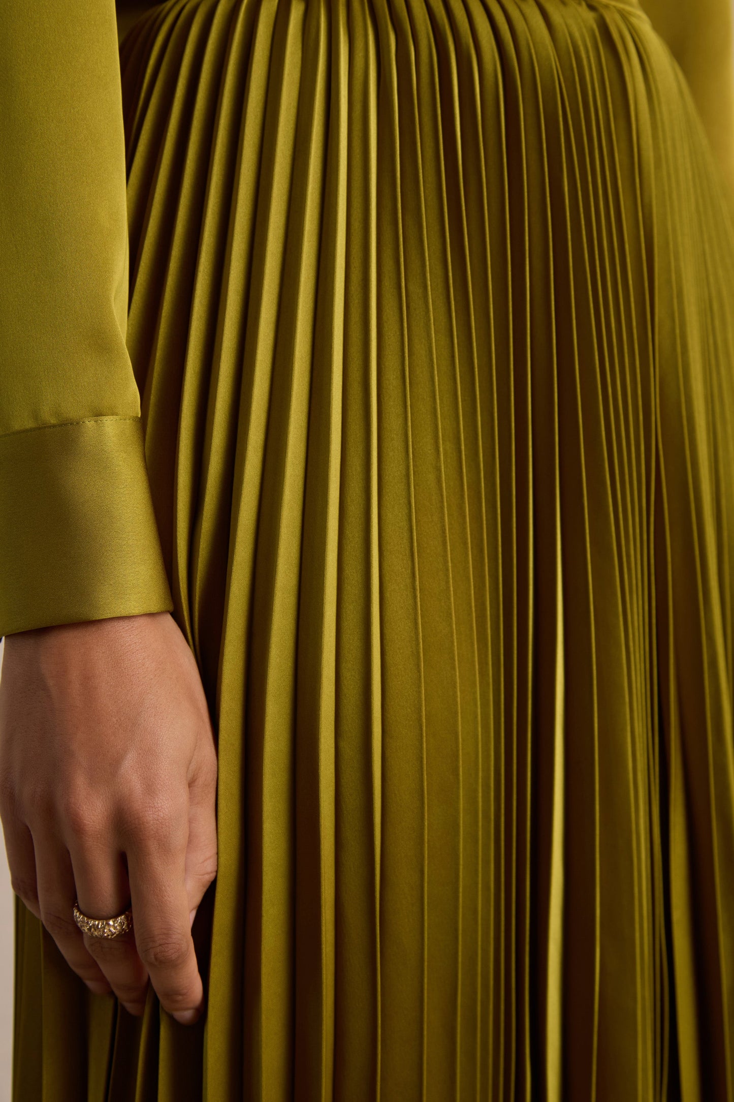 Naxos | Olive Satin Shirt Maxi Dress With Pleated Skirt