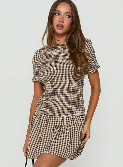 Laurita Shirred Mini Dress Brown Check