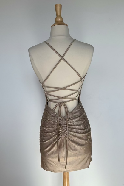 NOVALEE MINI CHAMPAGNE HOT STONE LACE-UP DRESS