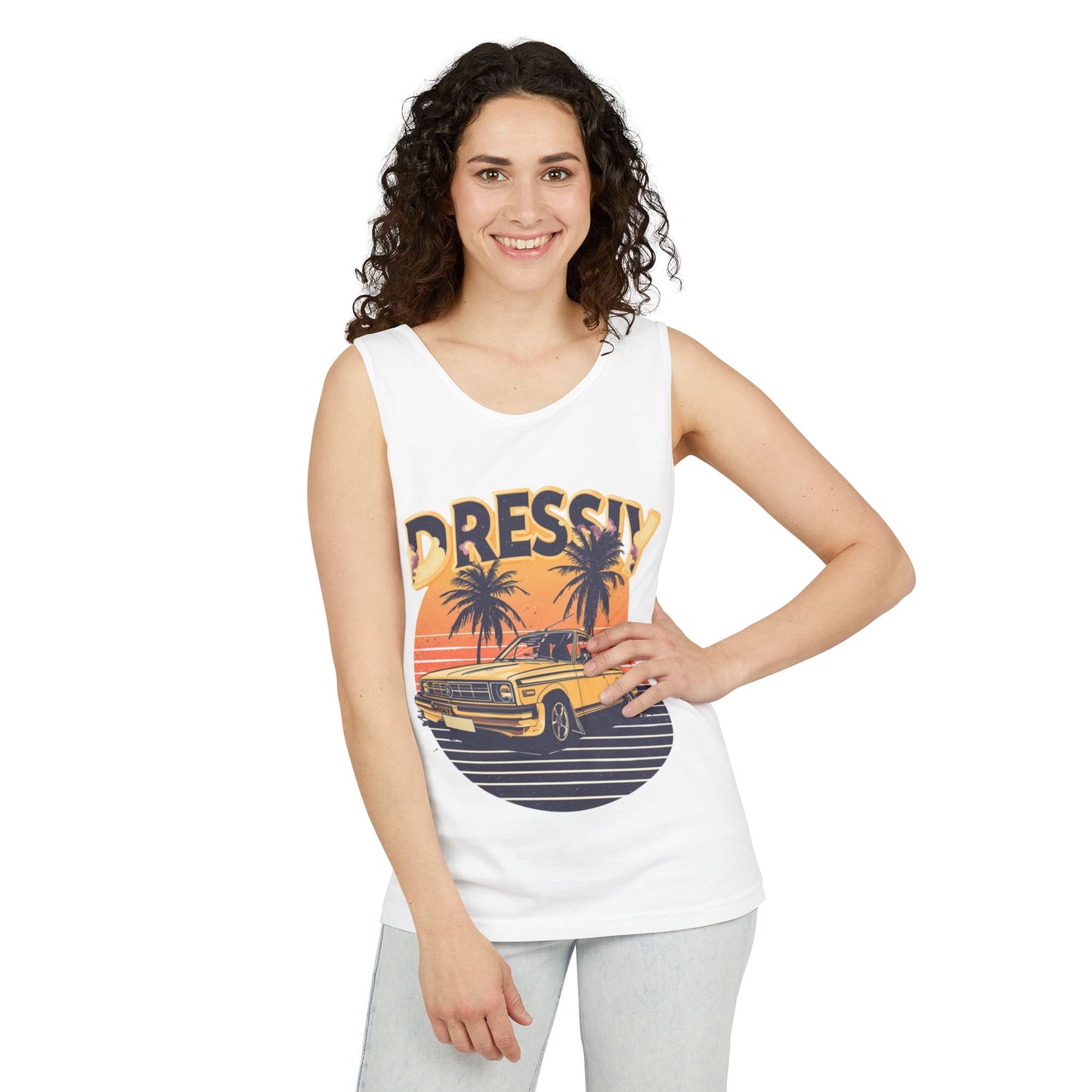 Retro Palm Tree Car Racerback Tank – Vintage Sunset Vibe
