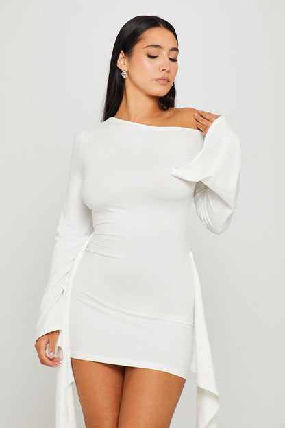 White One Shoulder Flared Sleeve Draped Mini Dress