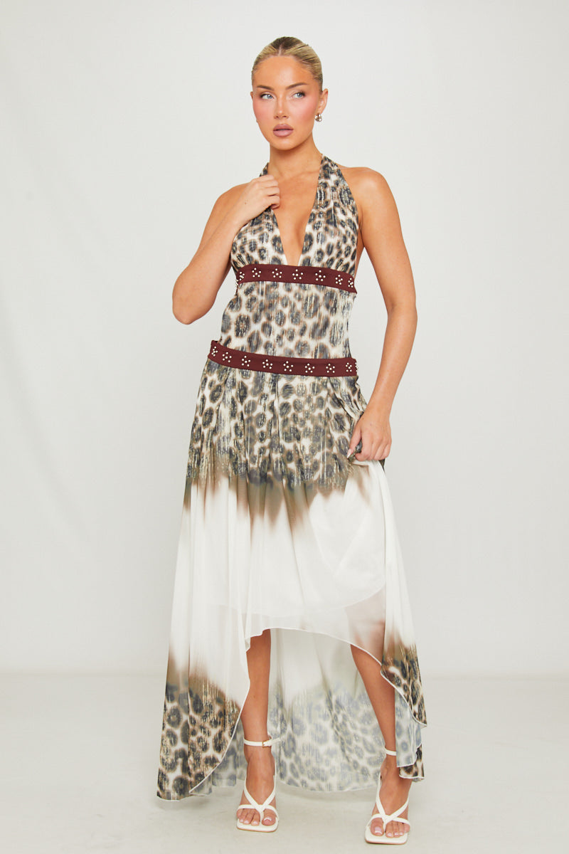 Leopard Print Halter Neck Cut Out Maxi Dress
