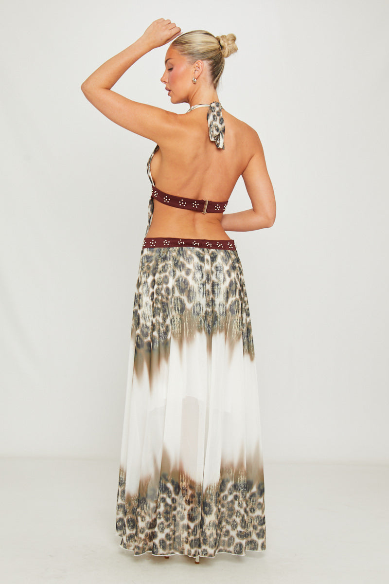 Leopard Print Halter Neck Cut Out Maxi Dress