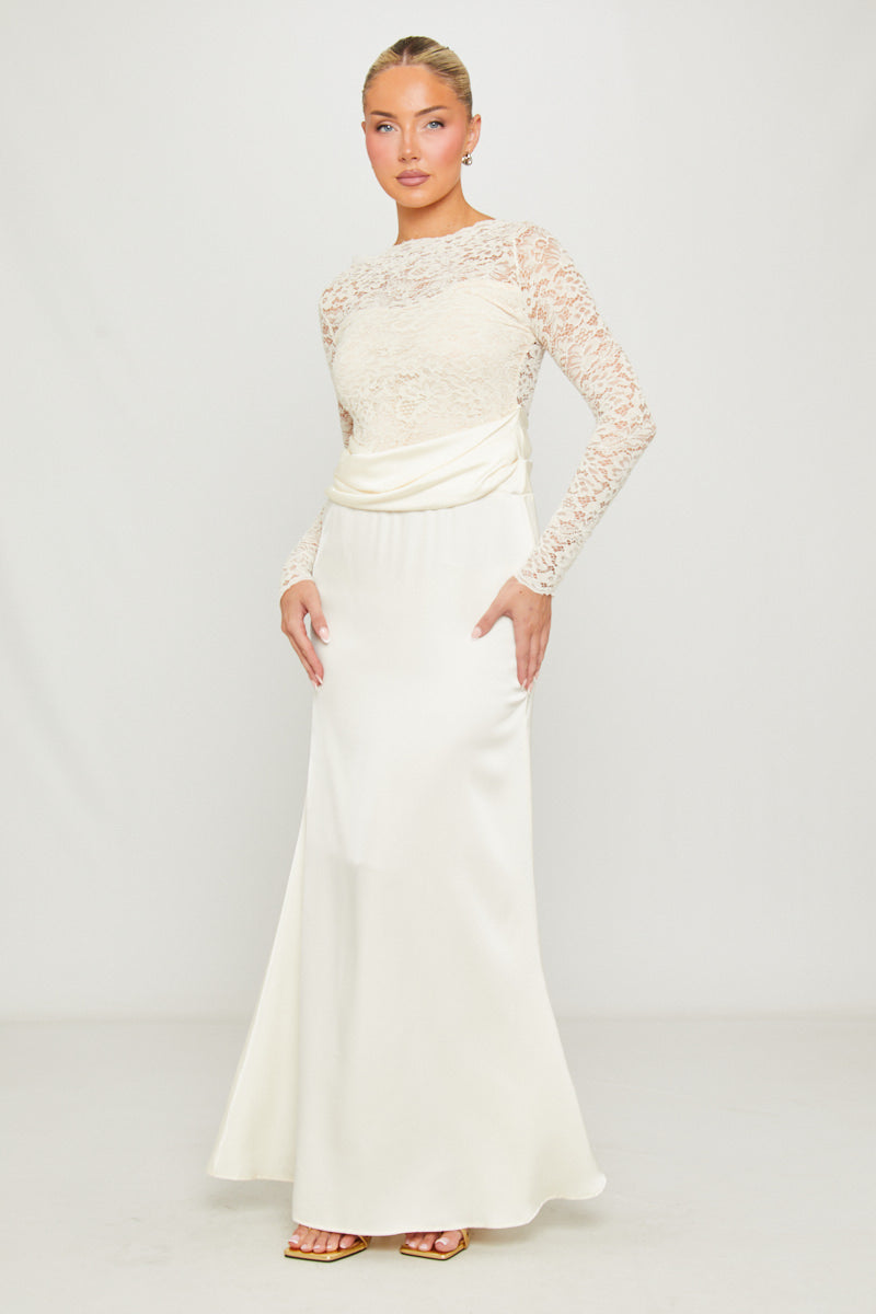 White Lace Satin Cowl Bodycon Maxi Dress