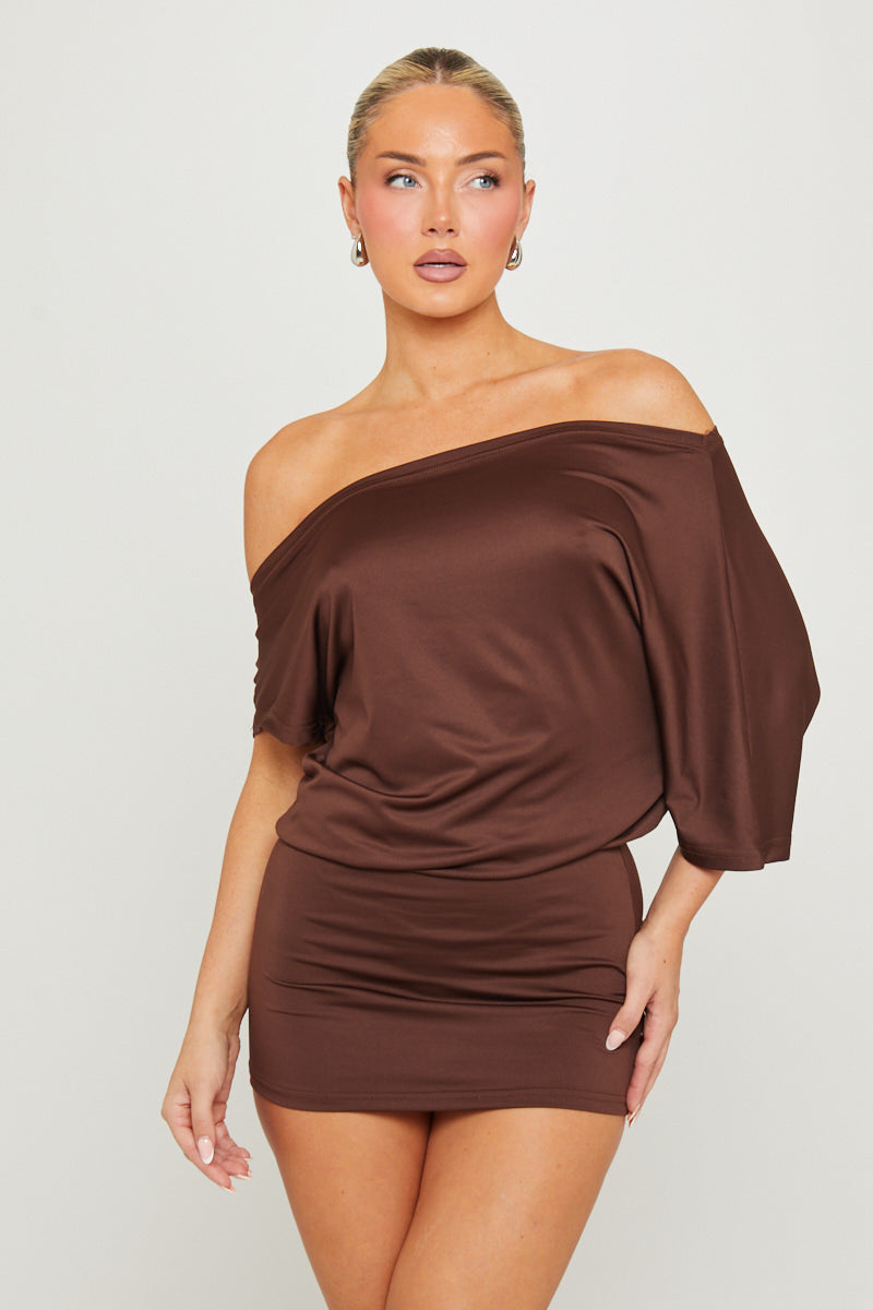 Brown Off Shoulder Batwing Mini Dress