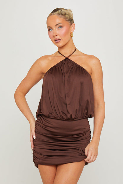 Brown Halter Ruched Bodycon Mini Dress