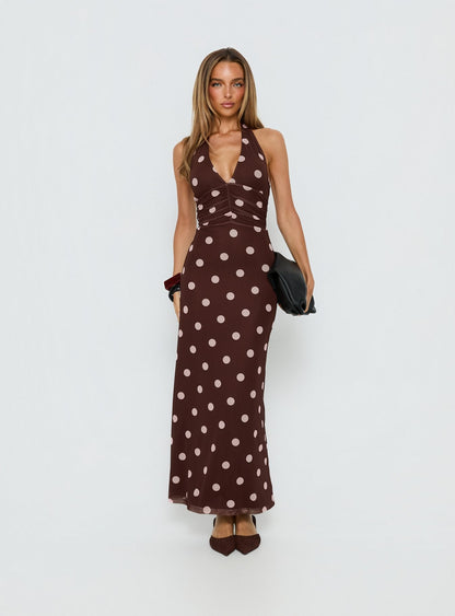 Saviana Halter Ruched Maxi Dress Chocolate / Pink Polka Dot