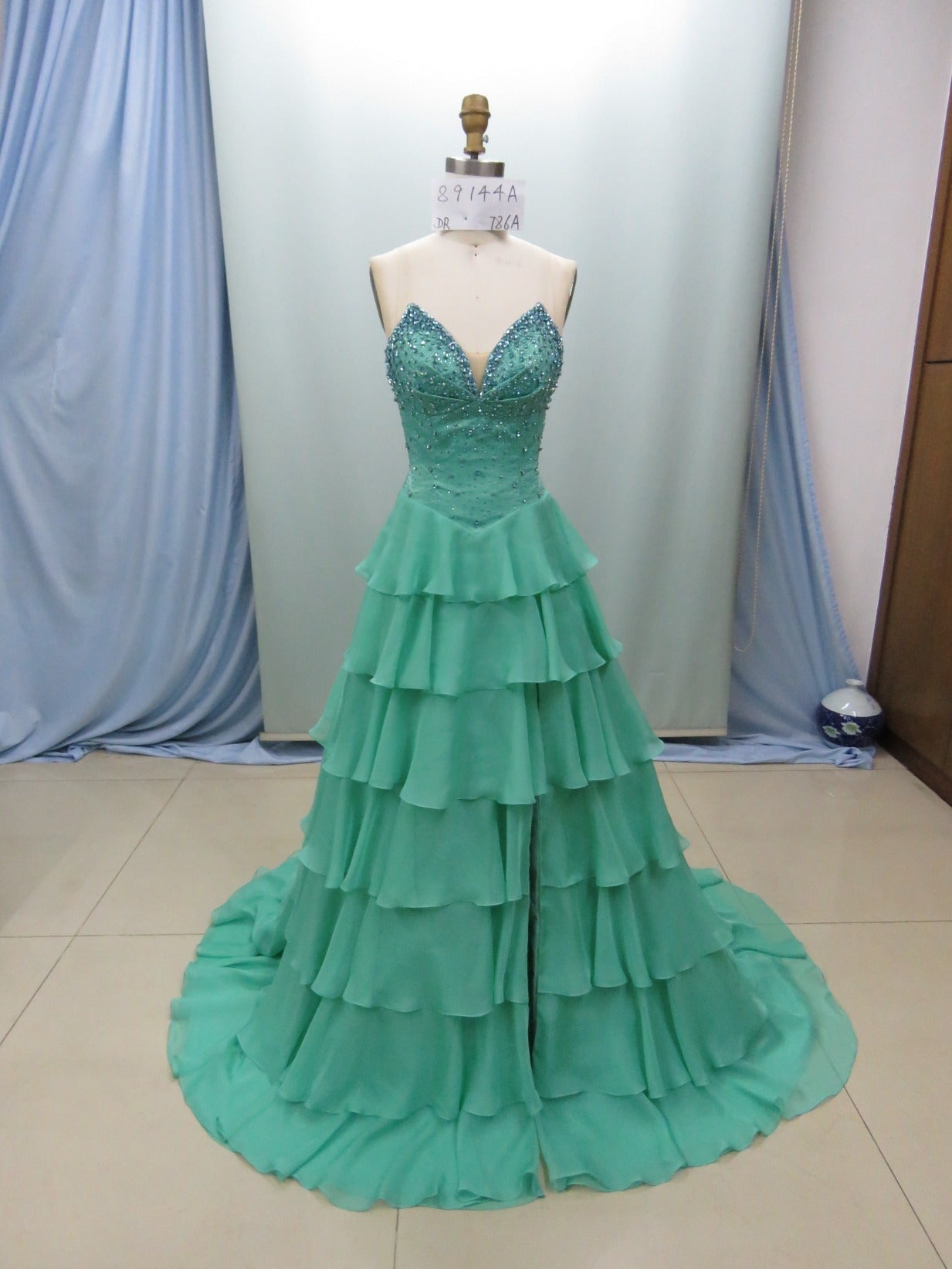 26407 Ava Presley Strapless Chiffon Gown With Tiered Skirt