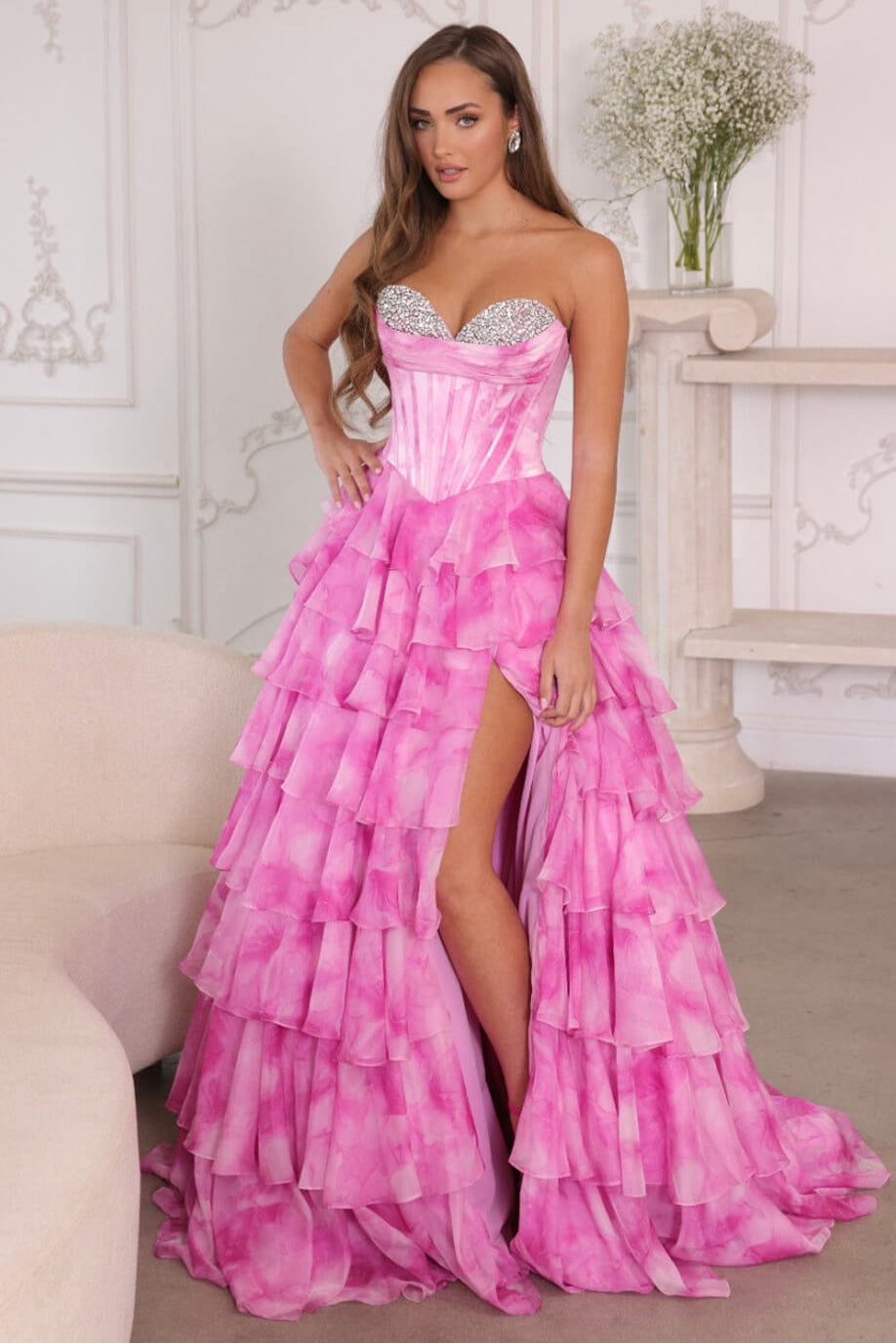 26442 Ava Presley Watercolor Layered Ball Gown