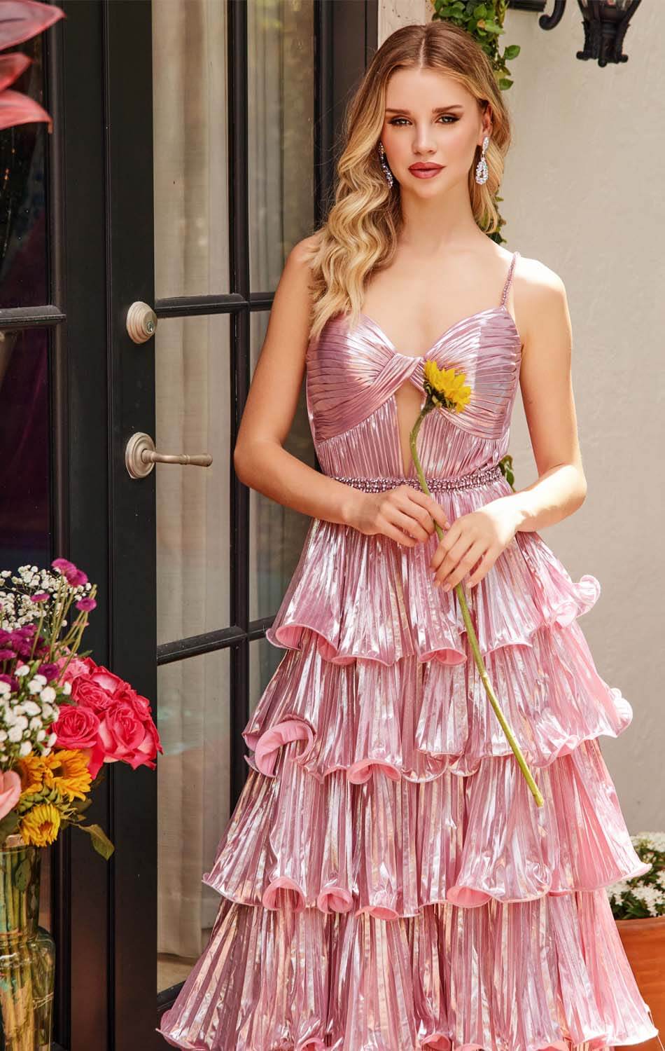 29263 Ava Presley Metallic Tiered Keyhole Gown