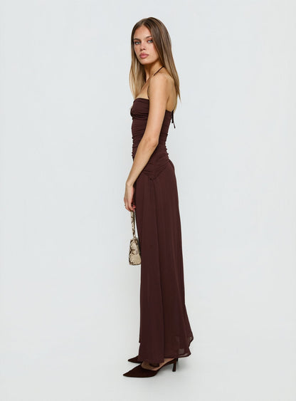 Kaemila Halter Chiffon Maxi Dress Brown