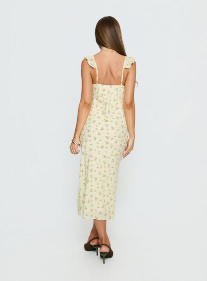 Leabelle Frill V Neck Maxi Dress Yellow Floral