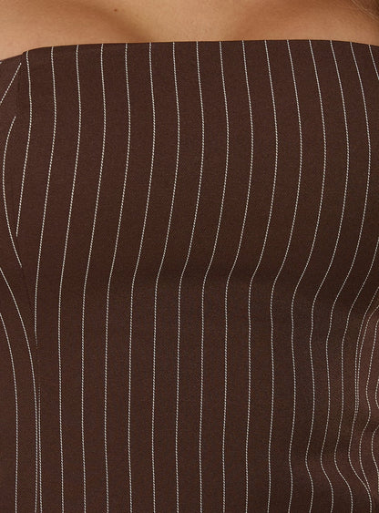 Mikena Strapless Belt Mini Dress Brown Pinstripe