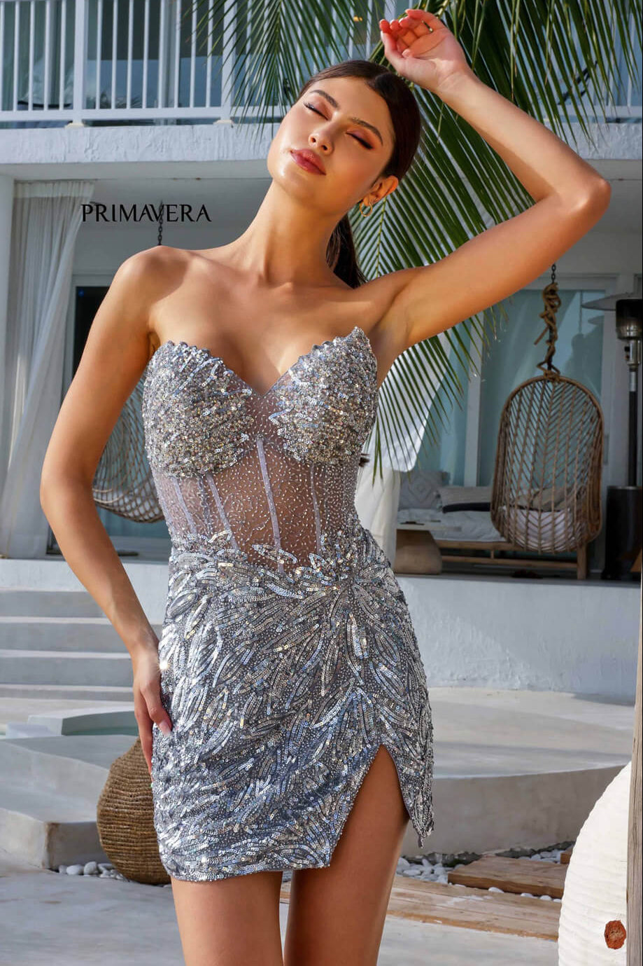 4241 Primavera Beaded Corset Cocktail Dress