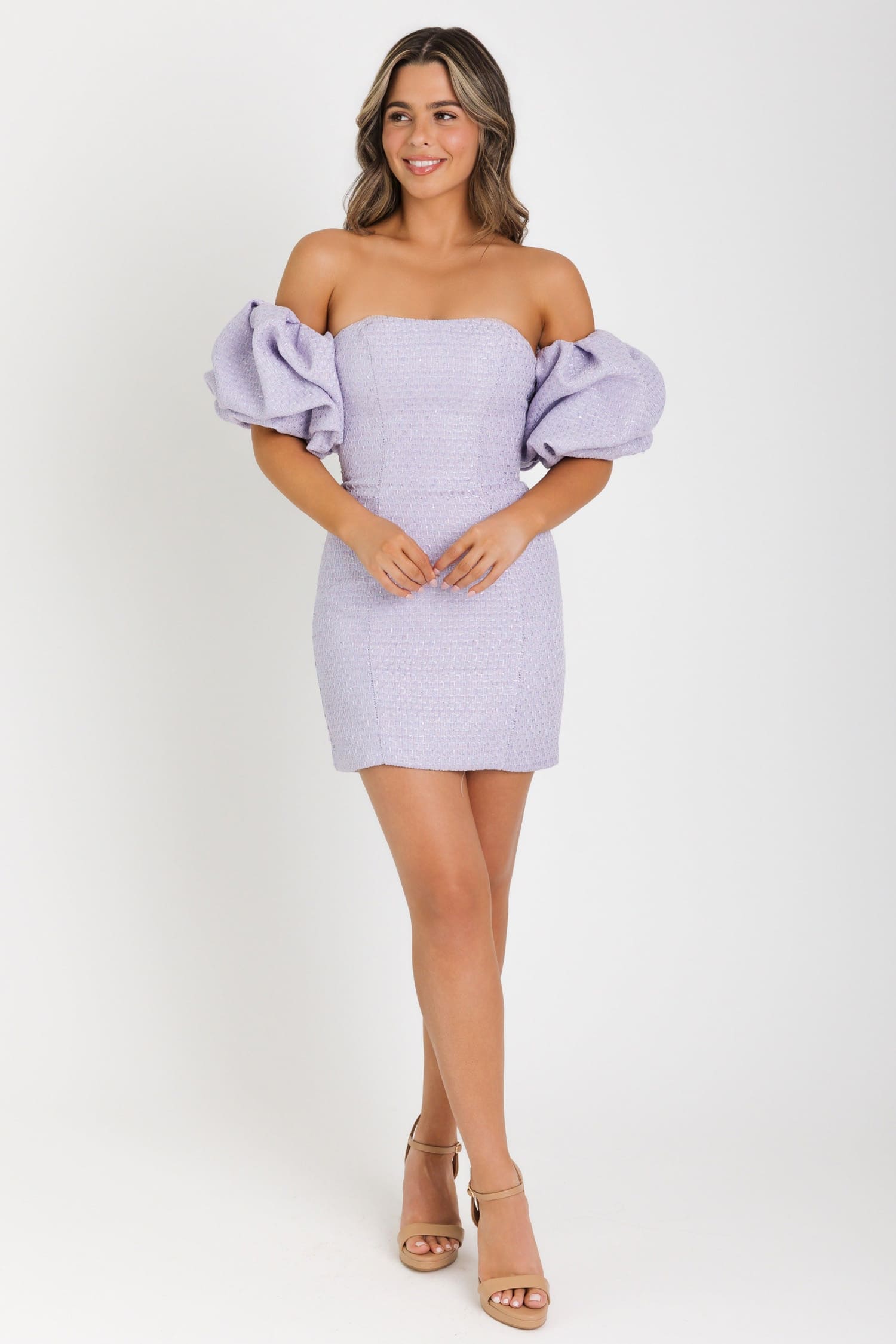 42913 Ava Presley Tweed Dress with Puff Sleeves