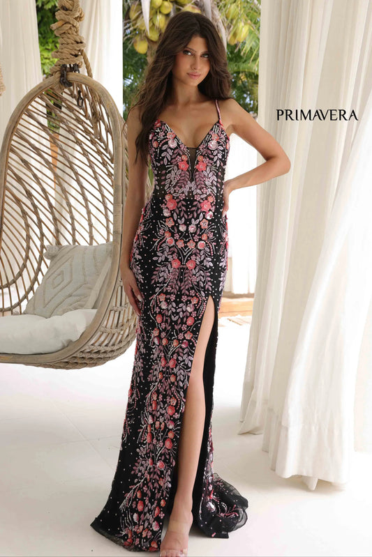 4313 Primavera Floral Beaded Deep V-Neck Gown