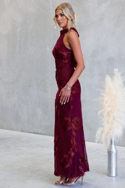 Rochelle Maxi Dress Wine Floral Appliqué Dress