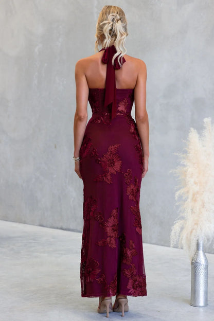 Rochelle Maxi Dress Wine Floral Appliqué Dress