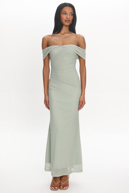 Sofia Maxi Dress Sage Off-the-Shoulder Ruched Mesh Dress