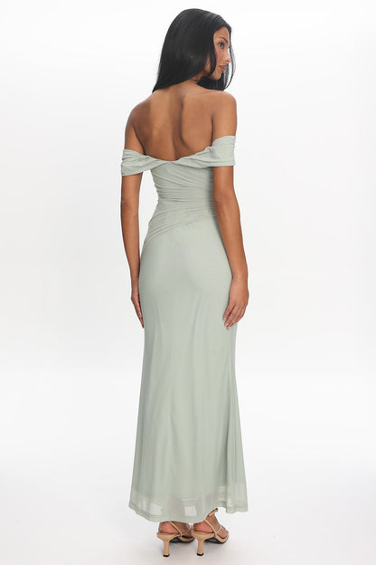 Sofia Maxi Dress Sage Off-the-Shoulder Ruched Mesh Dress